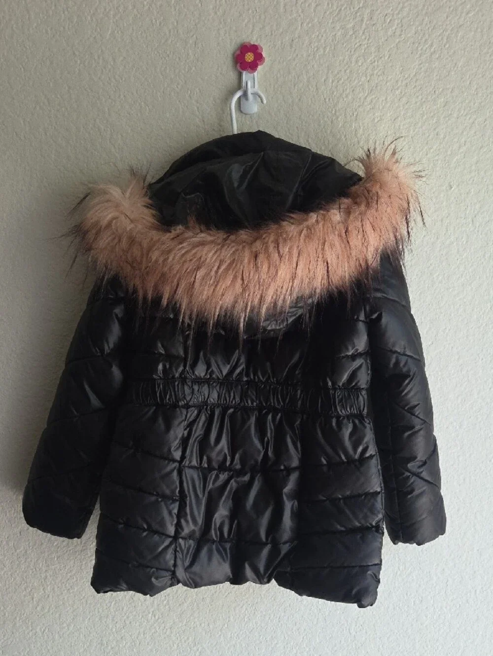 Michael Kors Black Puffer Coat with Pink Faux-Fur Hood Trim